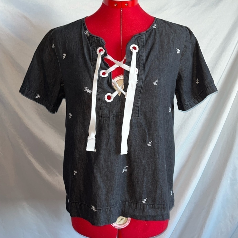 June and Delaney Embroidered Flower Tie Front T Shirt